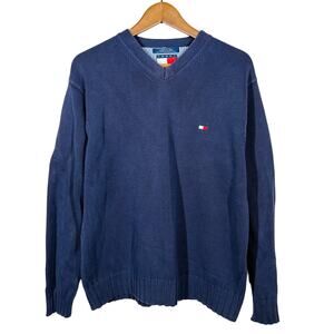 Vintage 90s Tommy Hilfiger V Neck Tight Knit Pullover Top Sweater Blue - M
